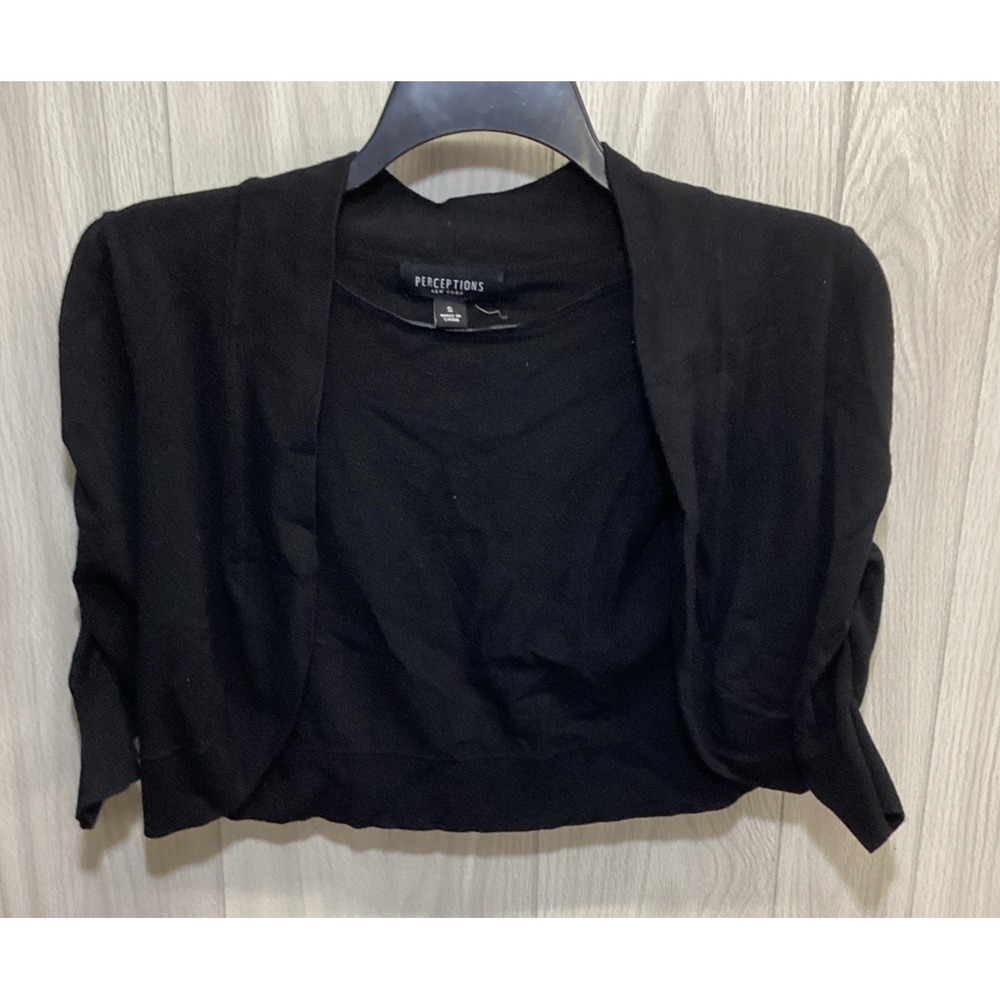 Perceptions New York Women's (Size S) Black Open Front Ruched 3/4 Sleeve Shrug